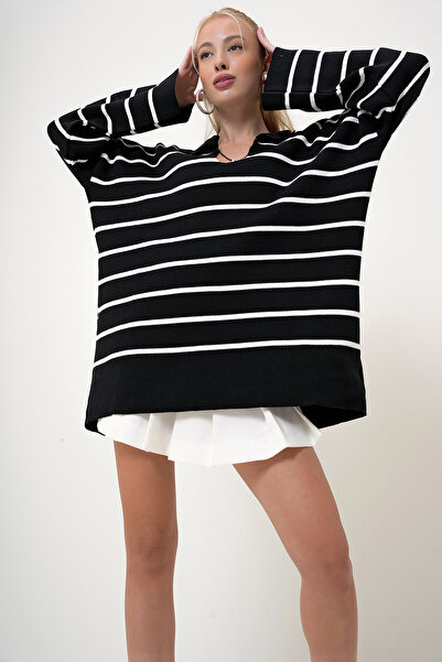 VAGGON Pulover lung, supradimensionat, cu dungi negru, verde, cu gât polo - PRM1080