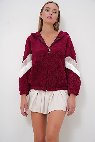 Trend Alaçatı Stili Burgundy Color Blocked Oversize Hooded Plush Women's Sweatshirt - Alc-547-001
