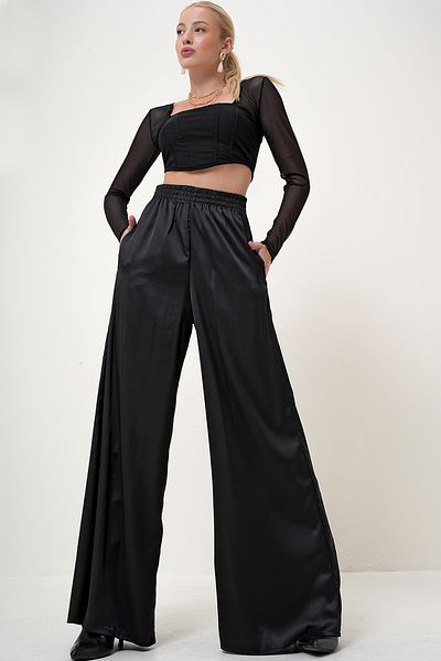 VAGGON Schwarze Damen-Palazzo-Hose aus Satin mit hoher Taille, elastischem Bund und doppelter Tasche, Prm1110