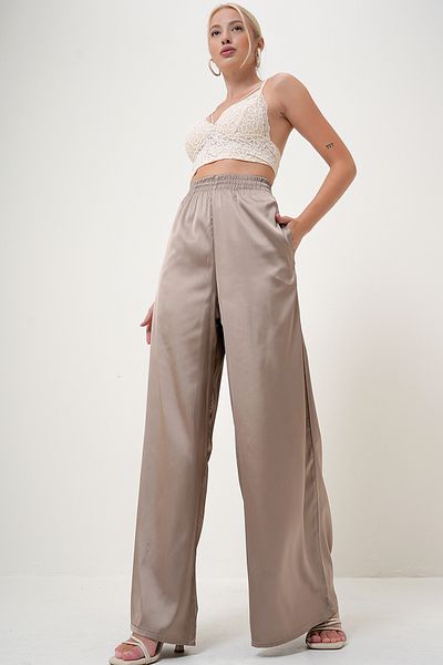 VAGGON Beigefarbene Damen-Palazzo-Hose aus Satin mit hoher Taille und elastischem Bund und doppelter Tasche PRM1110