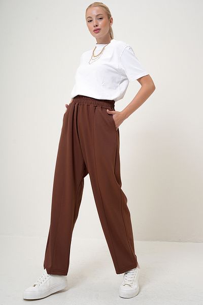VAGGON Women's Coffee Elastic Waist Double Pocket Shalwar Cut Modal Pants Prm1081
