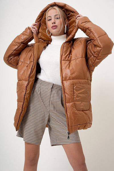 VAGGON Oversize Puffer Coat s hnědou kapucí - Fleto Pocket, Módní Prm1107