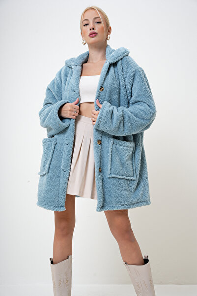 VAGGON Women's Mint Double Pocket Buttoned Front Oversize Plush Jacket Prm1104