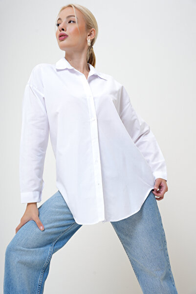 VAGGON Cămașă albă oversize pentru femei - țesătură de bază lungă, PRM1098