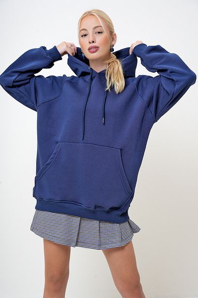 VAGGON Marineblaues Oversize-Sweatshirt für Damen – Kapuzenpullover, Kängurutasche, Raster PRM1052