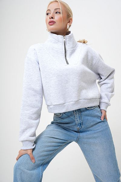 VAGGON Women's Gray Half Zipper Three Thread Raised Crop Sweatshirt Prm1051