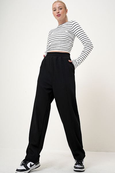 VAGGON Schwarze Shalwar-Cut-Modal-Hose für Damen mit elastischem Bund und Doppeltaschen Prm1081