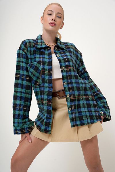 VAGGON Saks Green Plaid Single Pocket Oversize-Stash-Hemd für Damen PRM1084