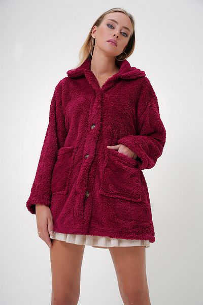 Trend Alaçatı Stili Burgunderrote Damen-Plüschjacke mit zwei Taschen und Knopfleiste vorne ALC-X11149