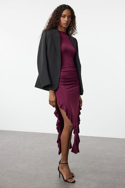 Trendyol Collection Rochie creion maxi elastică - mânecă zero, detaliu cu volan cu fante, bodycon Fit TWOSS24EL00688
