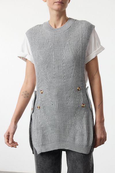 Edit by Trendyol Gray Crew Neck Button Detailed Knitwear Sweater Tedaw25Sv00007