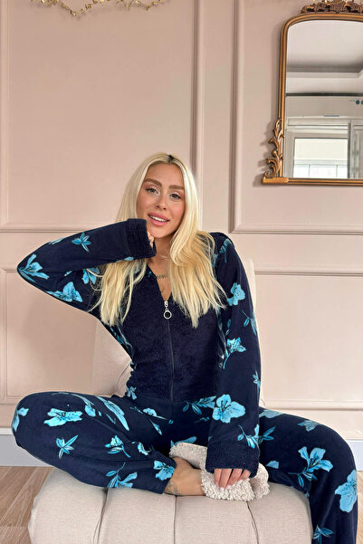 Pijamaevi Lacivert Palmate Desenli Kadın Polar Peluş Tulum Pijama