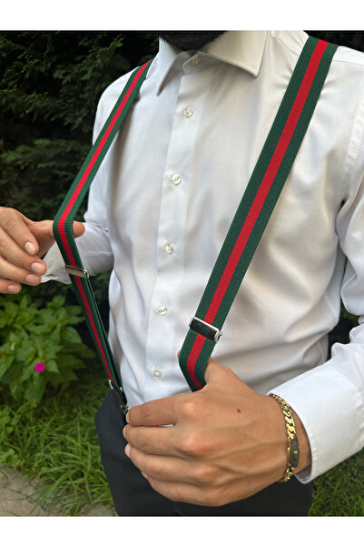 Elegans Giyim Aksesuar Unisex Kırmızı Yeşil Desenli Salopet Pantolon Askı