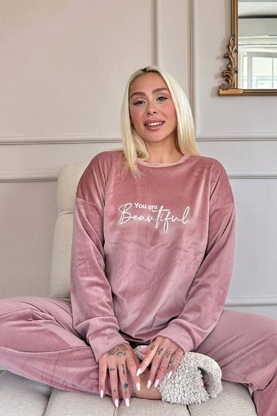 Pijamaevi Růžový krásný vzorovaný exkluzivní sametový dámský pyžamový set