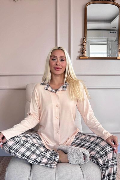 Pijamaevi Yellow Plaid Patterned Thermal Front Buttoned Women's Pajamas Set