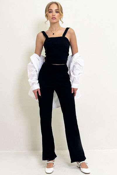 Trend Alaçatı Stili Women's Black Thick Strap Blouse and Elastic Waist Wrap Pants Set Alc-X12938