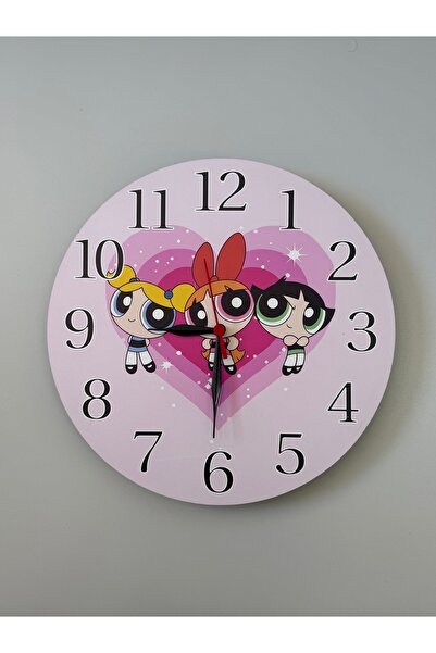 UViolets Dekoratif Ahşap Baskılı Powerpuff Girls Çocuk Odası Duvar Saati 30*30