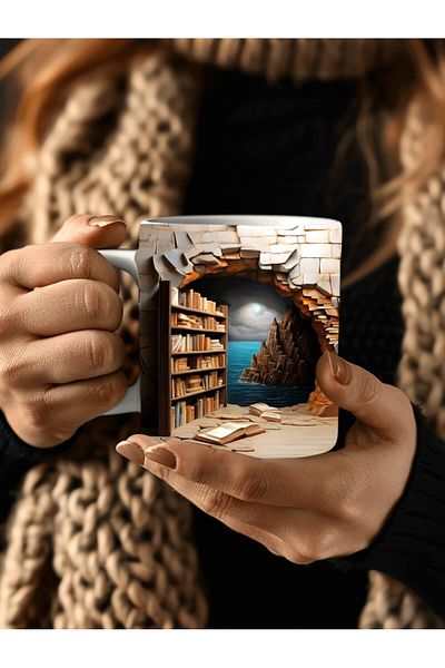 Evion Bookshelf Library Printed 3D Design Ceramic Mug - Gift Mug Cup