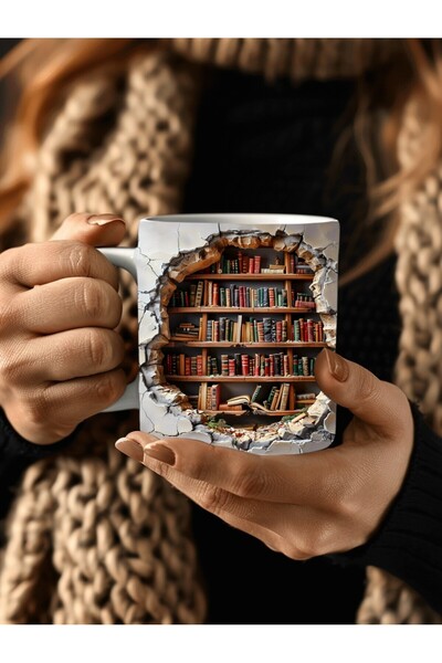 Evion كوب سيراميك بتصميم ثلاثي الأبعاد مطبوع عليه مكتبة خزانة الكتب - كوب هدية