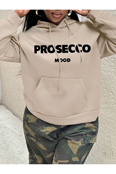over head oh Μπεζ Prosecco Printed Oversize Γυναικεία κουκούλα - 3 κλωστές