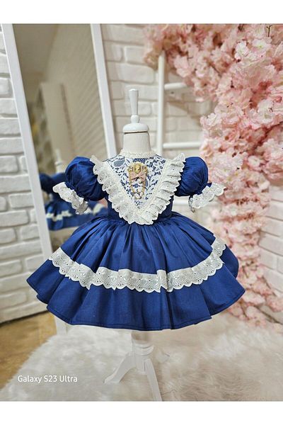 Hly Karol Tasarım Navy Blue Love Vintage Baby Girl Dress, Birthday Dress, Photo Shoot Dress, Suitable for Ages 0-12