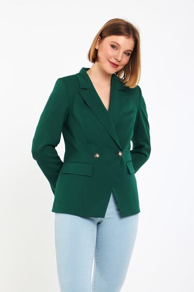 Blue Black سترة نسائية خضراء زمردية مزدوجة الصدر، مقاس عادي، مبطنة، مع تفاصيل...