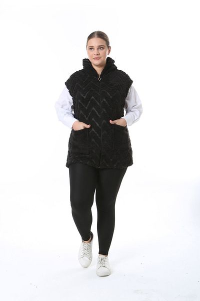 xlargebutik Large Size Clothing Fully Zickzac Woven Plush Fleece Vest Black Warm Softweat Vest