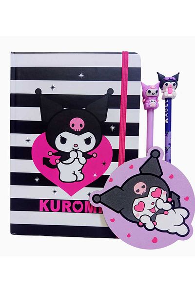 sevgi kırtasiye Kuromi Hard Covered Lined Notebook with Kuromi Head and Gel Ballpoint Pen and Badge Gift