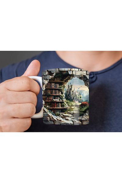 Evion Bookshelf Library Printed 3D Design Ceramic Mug - Gift Mug Cup