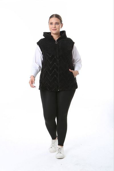 xlargebutik Large Size Clothing Black Hooded Side Pocket Plush Fleece Stretch Lycraphy Vest