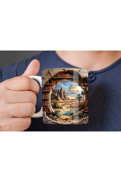 Evion Bookshelf Library Printed 3D Design Ceramic Mug - Gift Mug Cup