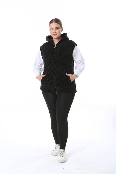 xlargebutik Large Size Clothing Black Hooded Side Pocket Plush Fleece Stretch Lycraphy Vest