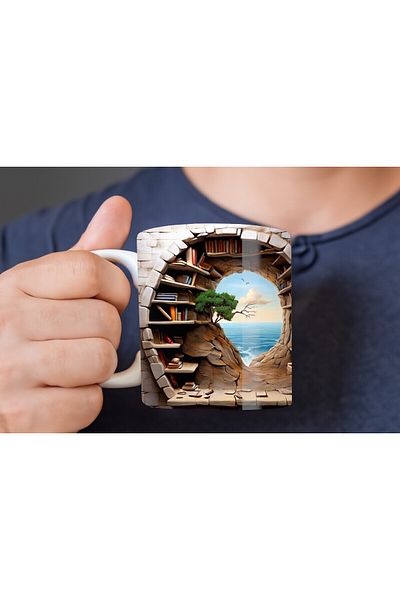 Evion Bookshelf Library Printed 3D Design Ceramic Mug - Gift Mug Cup