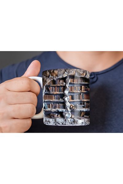 Evion Bookshelf Library Printed 3D Design Ceramic Mug - Gift Mug Cup