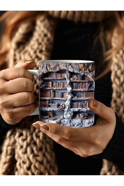 Evion Bookshelf Library Printed 3D Design Ceramic Mug - Gift Mug Cup