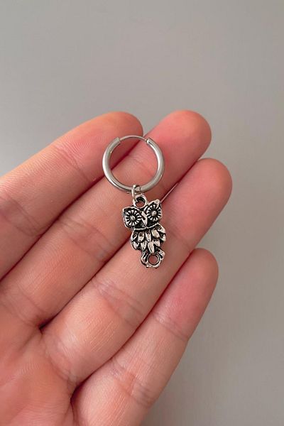 Jaida Moda Unisex Silver Design Owl Figured Steel Hoop Earrings