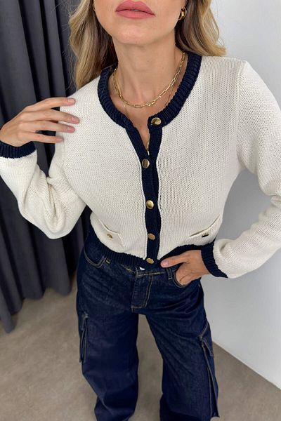 Sue Store Ζακέτα με χρυσά κουμπιά εκρού Navy Blue Knitwear
