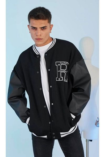 gamaro Unisex Leather Sleeve Oversize College Jacket