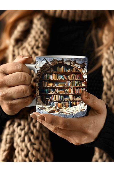 Evion كوب سيراميك بتصميم ثلاثي الأبعاد مطبوع عليه مكتبة خزانة الكتب - كوب هدية