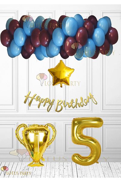 LOTUS PARTY Burgundy Blue Balloon Fan Birthday Set - Mug Foil Balloon - Age 5