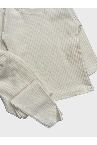 ALİŞ KİDS Girl's Cotton Ecru Corded Fabric Long Sleeve Tights Set