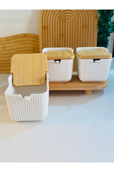 Qerhome 300 Ml Capacity Porcelain Pepper Shakers with Bamboo Stand and Lid - Salt Shaker and Spoon Set of 3