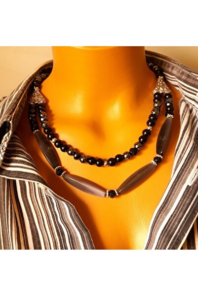 Asteria Elite قلادة أونيكس 2 صفوف للحماية من قلادة العين الشريرة والقوة والسلام