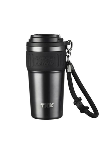 TKK Vagonlife T2023 - 630 ml Dark Gray Tungsten Steel Steel Thermos Mug with Straw and Strap