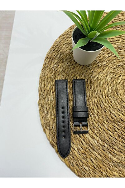 Prizma 22mm Düz Siyah Suni Deri Saat Kordonu. Siyah Dikiş.