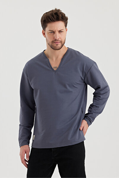 PELİTİSS 2 İplik Derin Yaka Uzun Kollu Sweattshirt