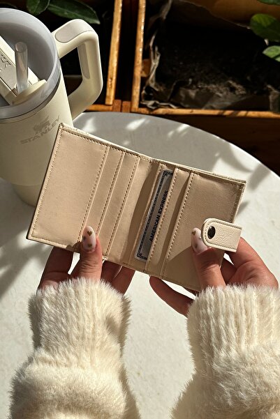 klovi Beige Card Holder Detail Shiny Faux Leather Wallet