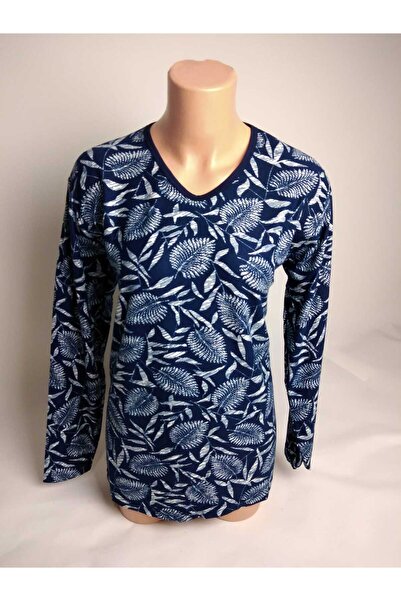 YAŞAR TRİKO المرأة الأزرق الداكن منقوشة الخامس الرقبة طويلة الأكمام الجانبين ...