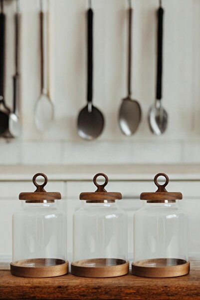 Mirilliahome طقم برطمانات زجاجية بغطاء من خشب السنط، 3 قطع برطمانات حلوى للشاي والقهوة