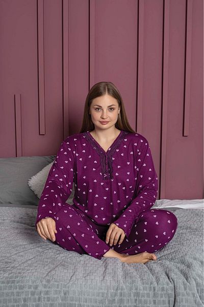 Temporium Women's Large Size Patterned Buttoned Collar Long Sleeve Bamboo Pajama Set